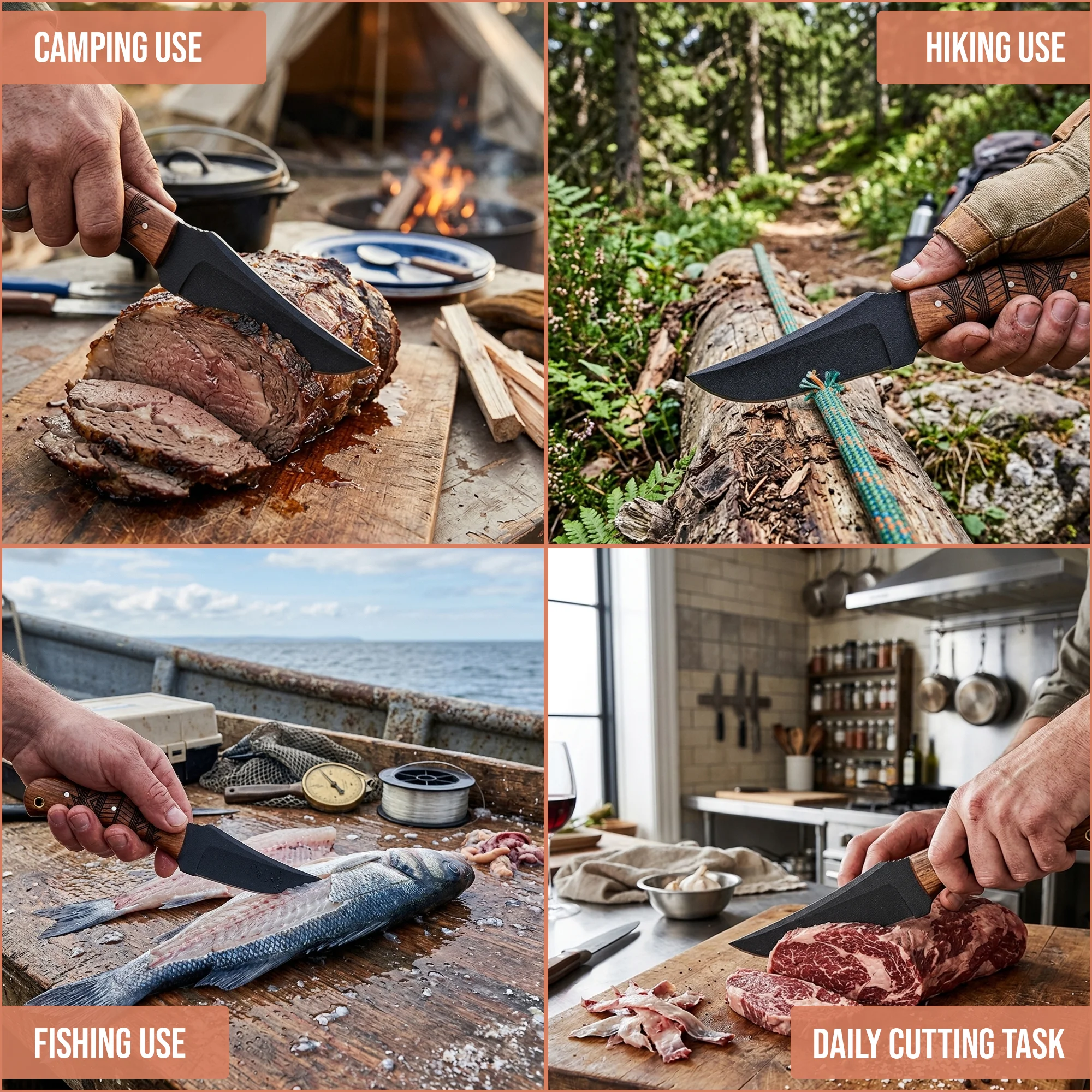 8' Black Coated Stainless Steel Artistic Engraving Walnut Wood Handle Knife with Leather Sheath | WD-001-BK - Image 4