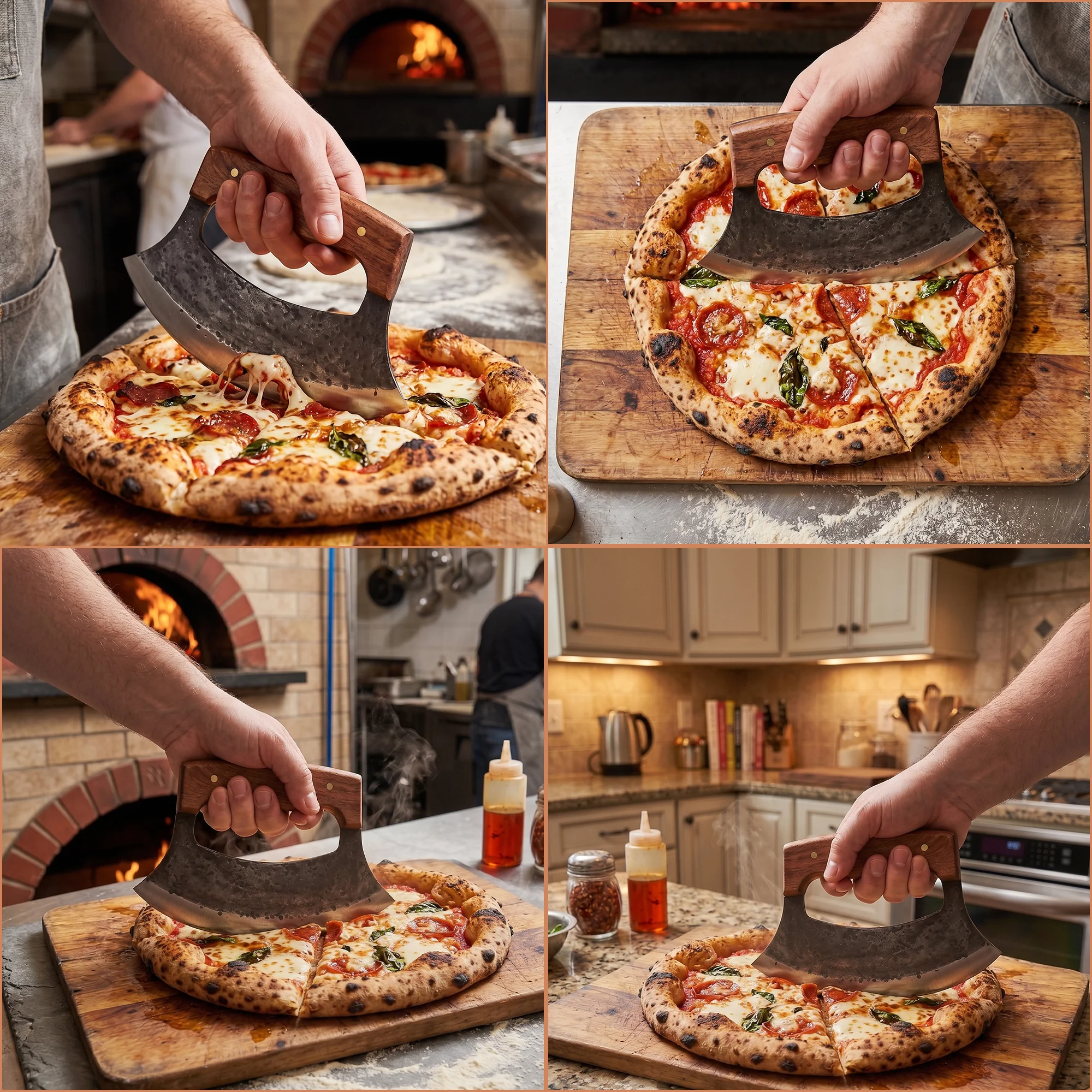 7' Hammered Black Coated Stainless Steel Wooden Pizza Cutter Ulu Knife with Leather Sheath | UR-002 - Image 3