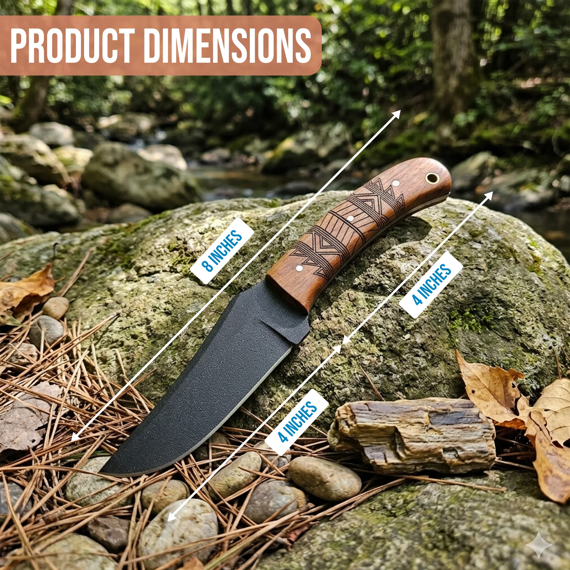 8' Black Coated Stainless Steel Artistic Engraving Walnut Wood Handle Knife with Leather Sheath | WD-001-BK - Image 3