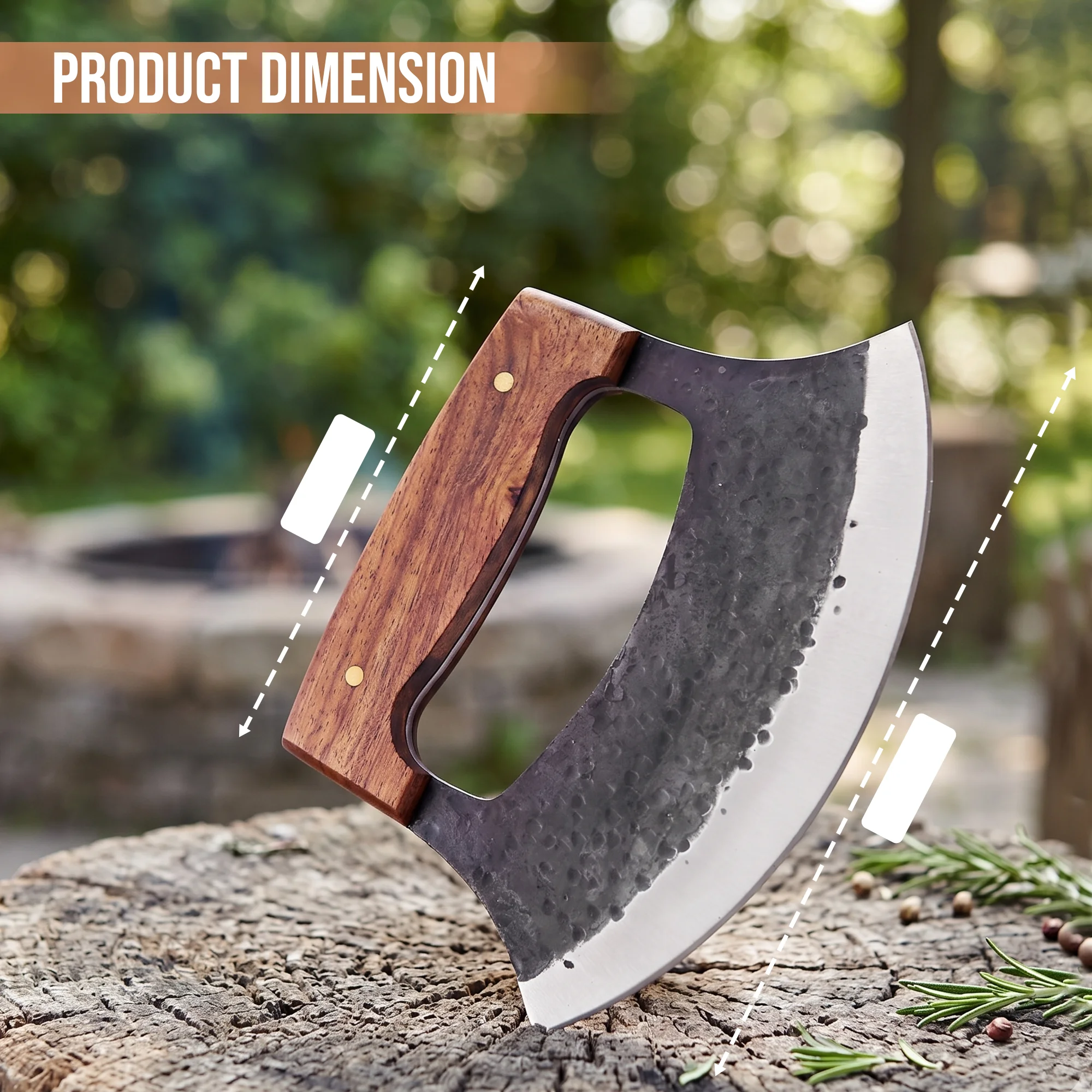 7' Hammered Black Coated Stainless Steel Wooden Pizza Cutter Ulu Knife with Leather Sheath | UR-002 - Image 5