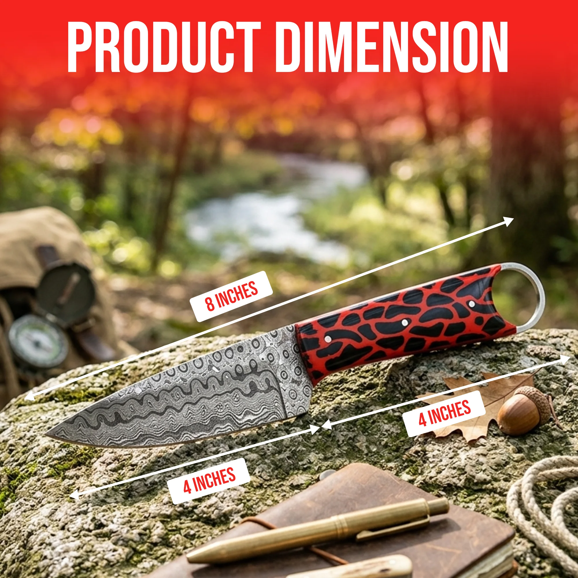 8' Handmade Damascus Steel Artistic Red & Black Cheetah Texture Handle Knife with Leather Sheath | RING-001-RD - Image 3