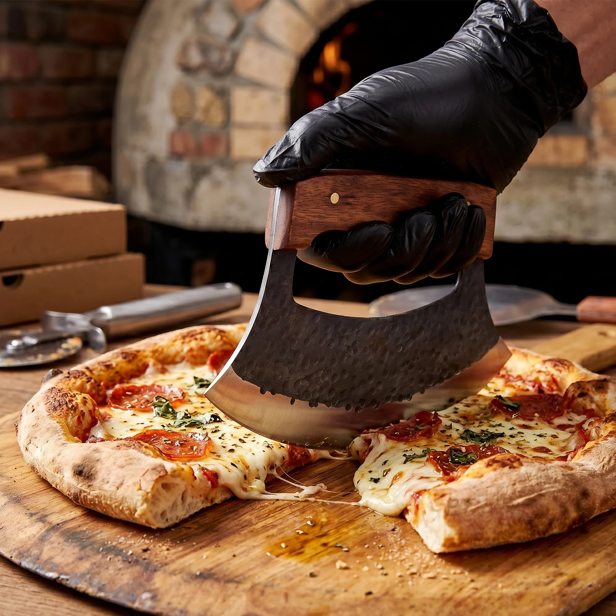 7' Hammered Black Coated Stainless Steel Wooden Pizza Cutter Ulu Knife with Leather Sheath | UR-002 - Image 6