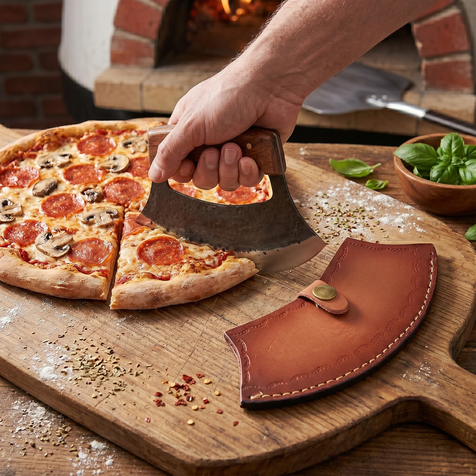 7' Hammered Black Coated Stainless Steel Wooden Pizza Cutter Ulu Knife with Leather Sheath | UR-002 - Image 8