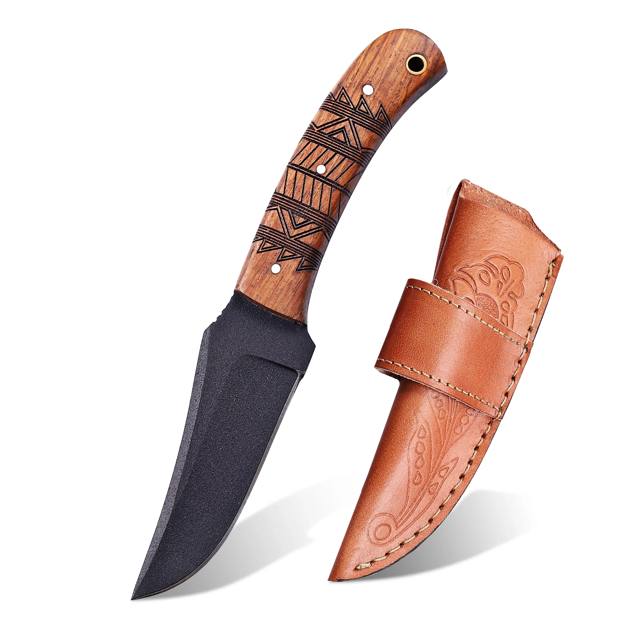 8' Black Coated Stainless Steel Artistic Engraving Walnut Wood Handle Knife with Leather Sheath | WD-001-BK - Image 7