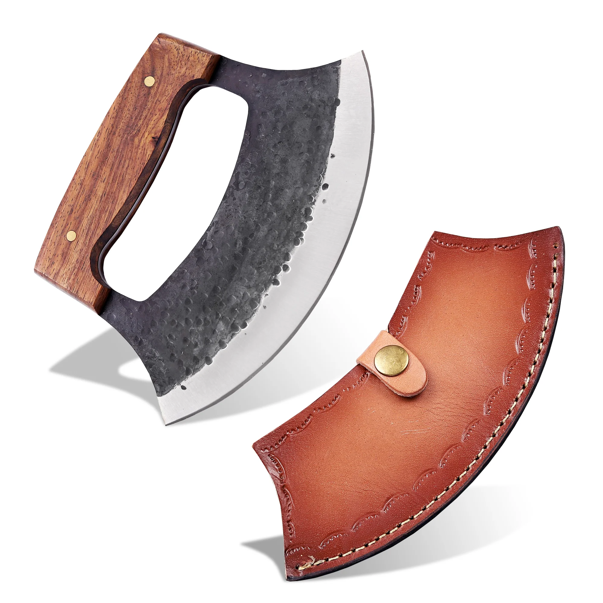 7' Hammered Black Coated Stainless Steel Wooden Pizza Cutter Ulu Knife with Leather Sheath | UR-002 - Image 14