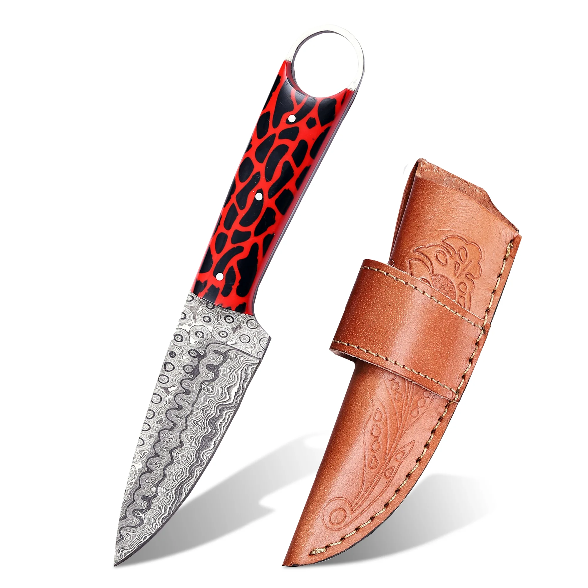 8' Handmade Damascus Steel Artistic Red & Black Cheetah Texture Handle Knife with Leather Sheath | RING-001-RD - Image 7