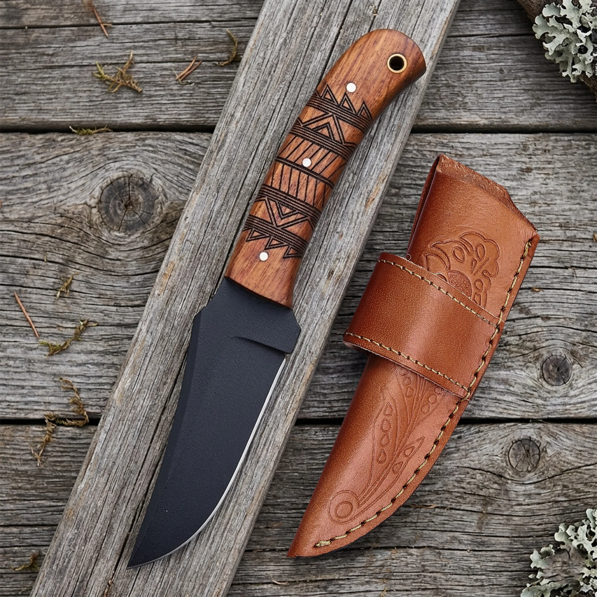 8' Black Coated Stainless Steel Artistic Engraving Walnut Wood Handle Knife with Leather Sheath | WD-001-BK
