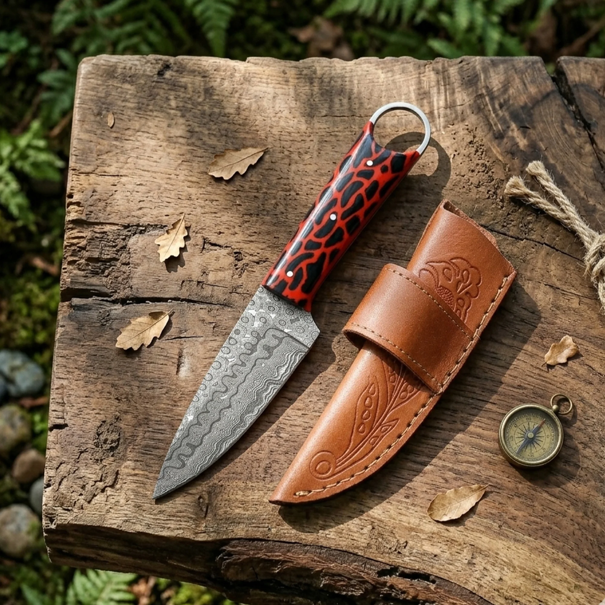 8' Handmade Damascus Steel Artistic Red & Black Cheetah Texture Handle Knife with Leather Sheath | RING-001-RD